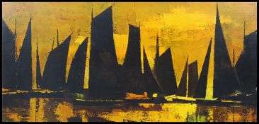 A mid century retro framed print of sailing boats at sunset signed by the artist to the corner with