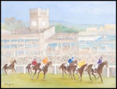A framed oil on canvas painting of a horses and jockeys galloping past the finishing post in front
