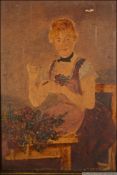 A 19th century oil on wooden board panel portrait study painting of a lady flower arranging at a