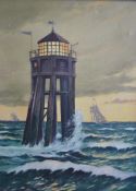 A 20th century oil on canvas painting depicting possibly smalls lighthouse Pembrokeshire bearing