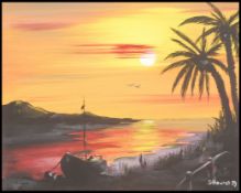 A framed retro 20th century oil on canvas painting of a colourful vibrant coastal sunset.