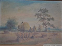 A 19th century English school oil on board painting of a harvest wheat scene bearing illegible