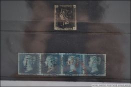 1d Penny black lettering FE & black Maltese cross and 2d two penny blue strip of four.