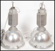A pair of large 20th century factory industrial tall pendant factory lights,