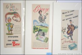 A collection of three vintage advertising adverts each piece mounted to include Breeze Soap,