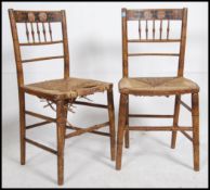 A pair of late 19th century Aesthetic movement Sussex style chairs with ebonised ash bamboo styled