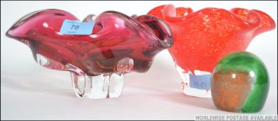 A mid century studio art glass handkerchief vase by Mdina together with another similar unmarked