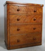 A Victorian two over three satin birch chest of drawers with bun handles raised on a plinth base.