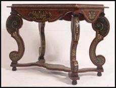An Italian marquetry inlaid - stencil console table having scrolled legs with central stretcher