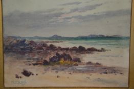 MAUD SALMON. A signed watercolour painting of a coastal scene being framed and glazed .