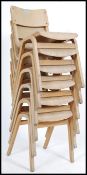 A set of six vintage mid 20th century beech wooden stacking village hall / school chairs.