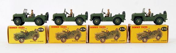 DINKY: A collection of 4x original vintage Dinky diecast model 674 Austin Champ military jeeps.
