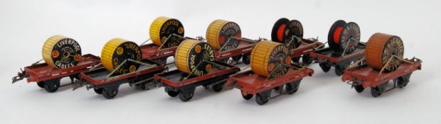 HORNBY: A collection of 9x original vintage Hornby 0 gauge railway trainset tinplate flat trucks