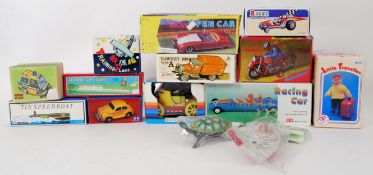 TINPLATE: A collection of assorted boxed Russian / Chinese / Japanese tinplate clockwork toys,
