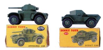 DINKY: 2x vintage Dinky diecast model Military themed vehicles - 670 Armoured Car and 673 Scout Car.
