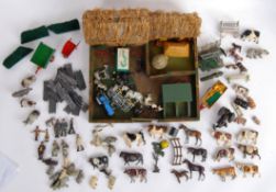 LEAD FARM: An early likely Britains made wooden toy farm, complete with straw hunts.