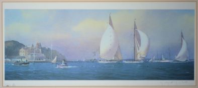 A framed and glazed print of boating interest depicting yachts with a steamboat in the distance.
