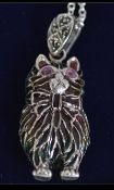 A very pretty silver plique a jour cat pendant necklace on silver chain.
