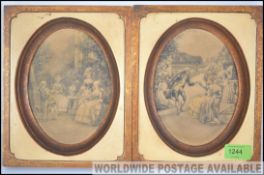 A pair of framed and glazed pencil prints set within oval mounts depicting classical scenes.