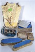Engine turned enamelled brass cobalt blue bedroom set set . 2 brushes and a box .