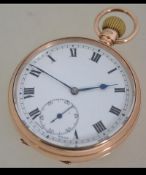 A 9ct gold / 375 hallmarked open faced crown wind pocket watch having roman numeral chapter ring
