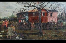 Ray Terry. An oil on board painting of a gypsy traveller rustic fireside cooking pot scene.