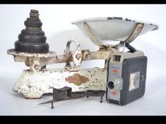J & J Siddons retro vintage kitchen scales with eights and enamlled weighing bowl along with a
