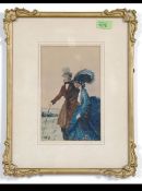 A Dickensian watercolour on paper featuring a male and female Industrialist style couple being