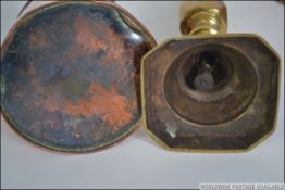 3 vintage copper and brass Cider ladles each with brass plaques together with a pair of brass tall