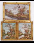 A group of three gilt framed oil on canvas of the same scene but each painted from a different