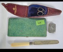 A silver plated vesta with chase decoration, large enamel white metal faux shagrin cigarette case,