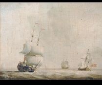 An English school 17th century style painting of tall sailing ships at sea.