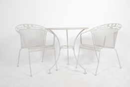 A contemporary metal painted ( new ) ex John Lewis garden table and 2 chairs by Kettler.