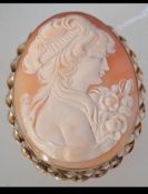 A large 9ct gold shell cameo brooch with safety chain. Measures 2.5 inches. Total weight 24g.