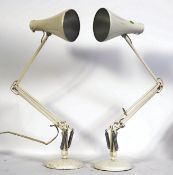 A pair of matching retro / vintage white coloured Herbert Terry anglepoise desk / work lamps.