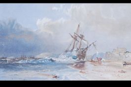 An early 20th century watercolour painting of a maritime scene - wooden sailing ship being careened.