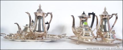 A good early 20th century silver plated tea - coffee service set to a fret gallery salver tray.