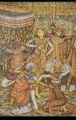 An unusual 20th century Indian print on canvas being set within a decorative wooden frame.