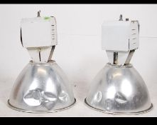 Two large vintage 20th century lights Industrial factory pendant lights having polished steel