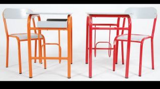 2 French vintage school desks with matching chairs . High design appeal .