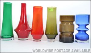 A collection of six retro 1960's and 1970's Scandinavian style studio glass vases some by Riihimaki,