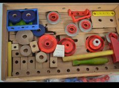 A vintage mid 20th century cased set of Bilofix ( Lego ) to include arious blocks, nuts and bolts,