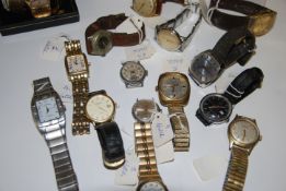A box of assorted mens wrist watches to include Rotary, Timex, Ingersoll, Jagot.