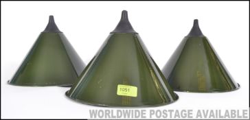 A set of 3 retro / vintage enamel painted ex RAF Military metal factory style Industrial pendant