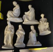 A collection of 6 20th century plaster nativity figurines, each being cast and raised on plinths.
