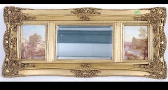 An antique style unusual gilt framed three section triptych mirror with rococo frame having