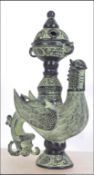 A Chinese bronze table incense burner in the form of a cockerel having bowl atop with lid.