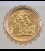 A 1974 Elizabeth gold full sovereign set in a large pierced set ring Hallmarked for London.