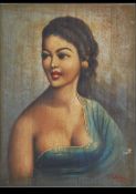 A 1950's retro print of a maiden likely of Malaysian origin bearing illegible signature to the