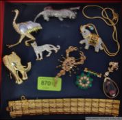 A superb collection of animal costume jewellery rhinestone adorned ladies brooches and necklace.